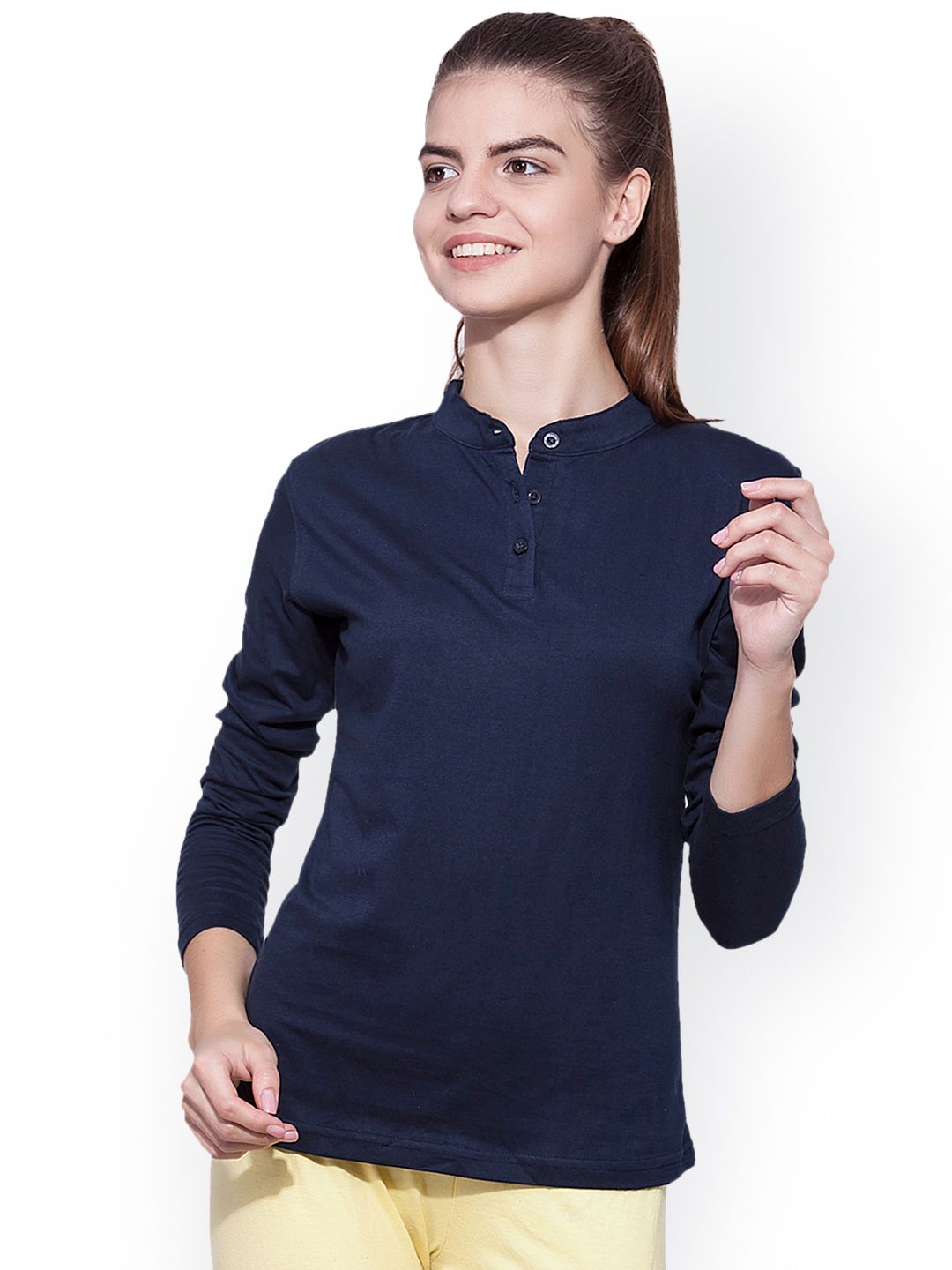 appulse Women Navy Blue Solid Mandarin Collar T-shirt Price in India