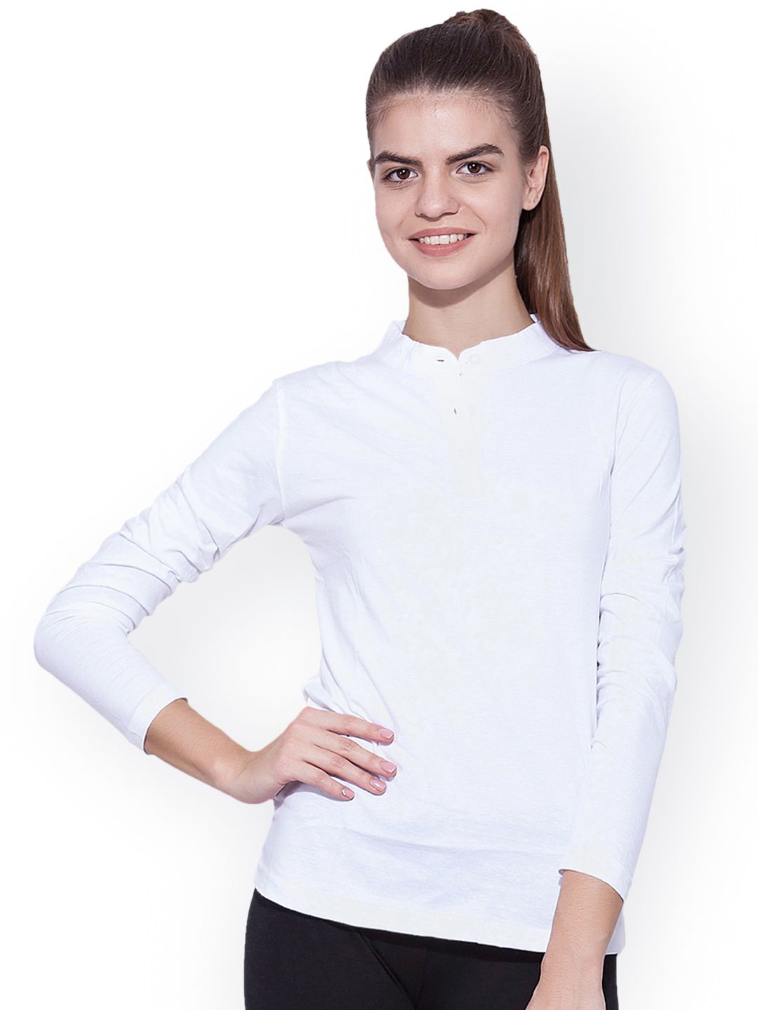 appulse Women White Solid Mandarin Collar T-shirt Price in India