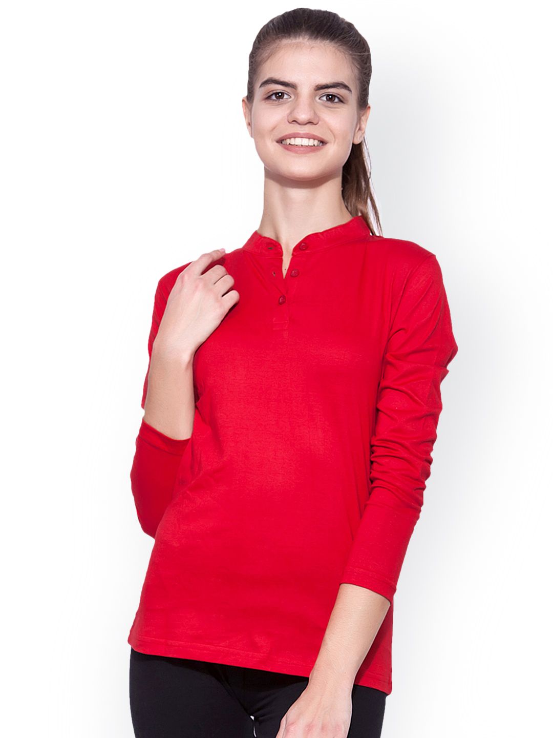 appulse Women Red Solid Mandarin Collar T-shirt Price in India