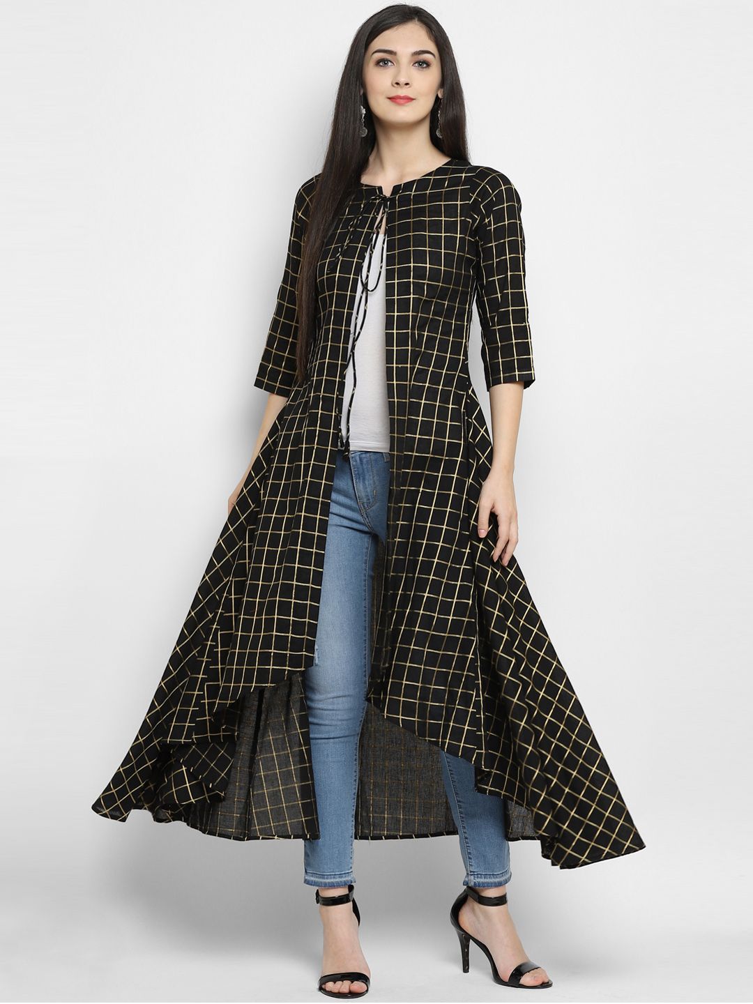 MBE Black & Gold-Toned Checked Open Front Shrug Price in India