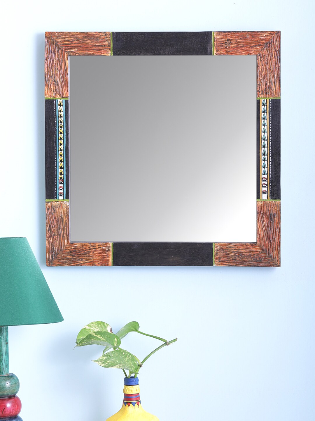 VarEesha Brown & Black Hand Painted Engraved Framed Mirror Price in India
