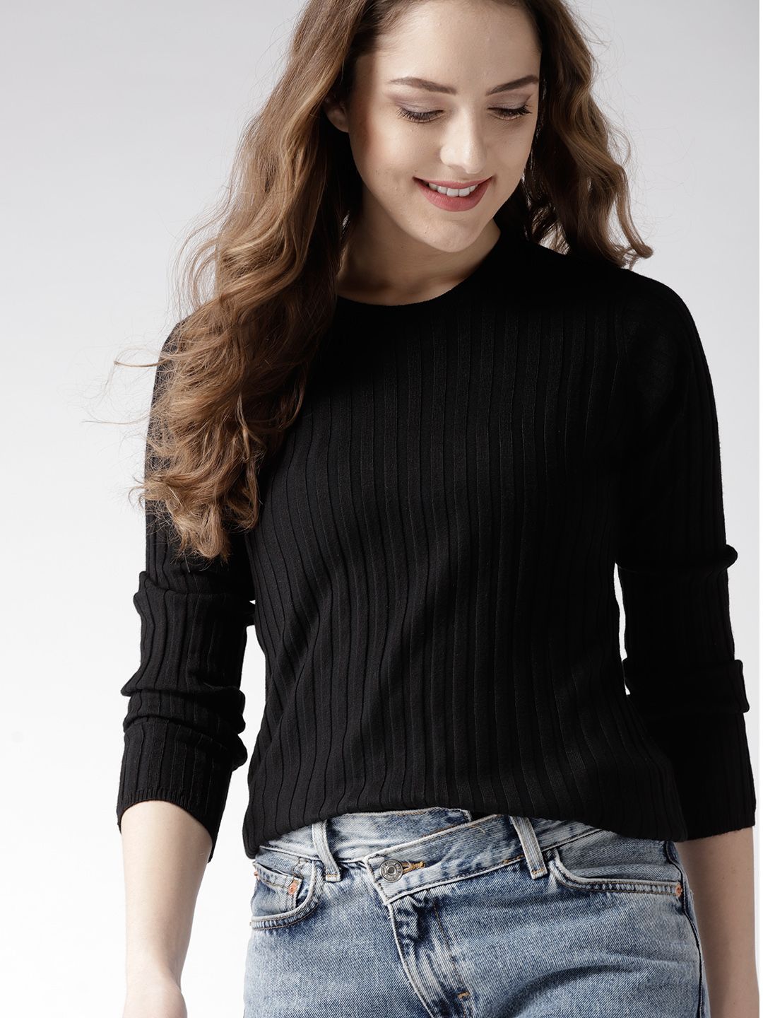Mast & Harbour Women Black Ribbed Pullover Price in India