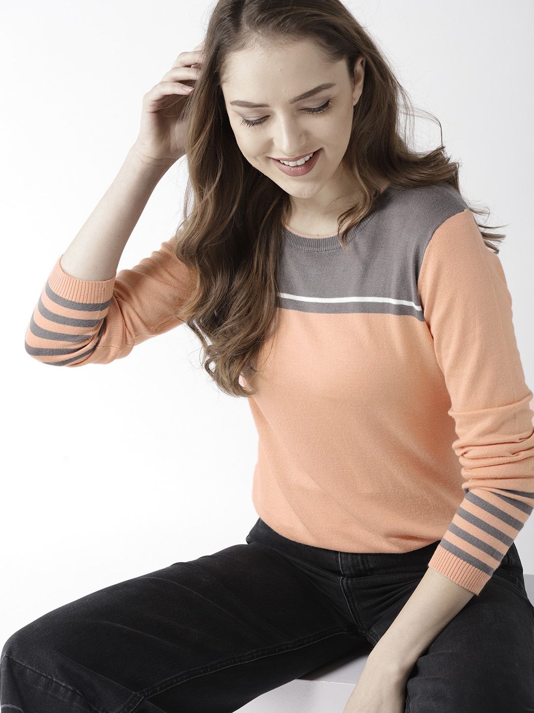 Mast & Harbour Women Peach-Coloured Solid Pullover Price in India