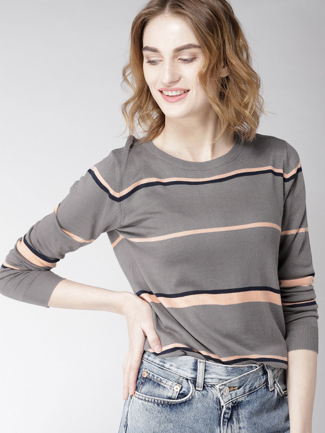 Mast & Harbour Women Grey & Peach-Coloured Striped Pullover Price in India