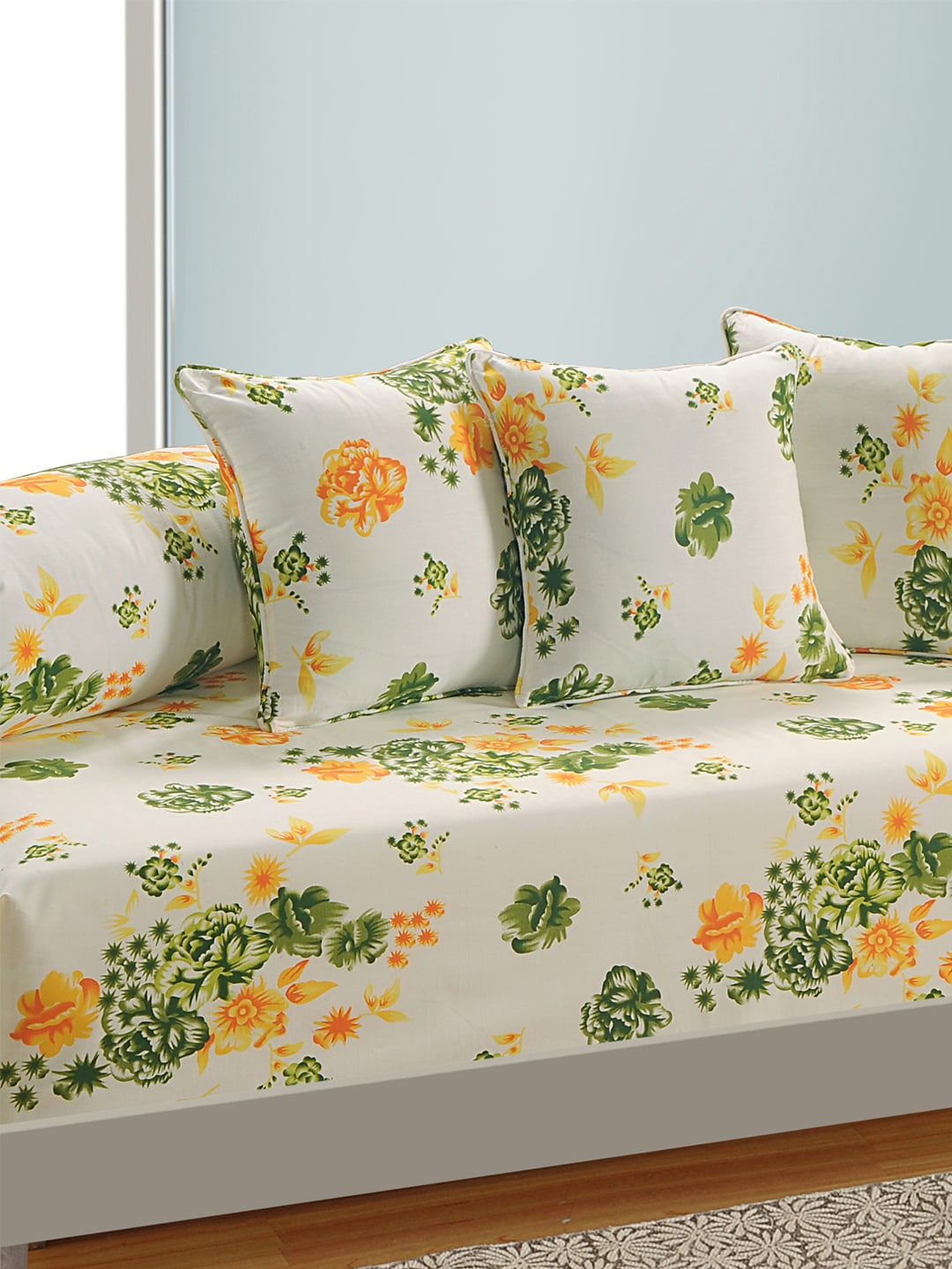 SWAYAM Off-White and Yellow Floral Print 160 TC Diwan Set with Bolster and Cushion Covers Price in India