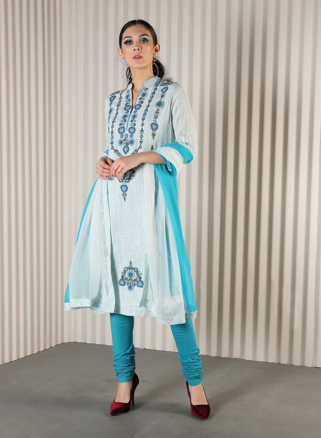 Ritu Kumar Blue Embroidered Churidar Kameez Dupatta