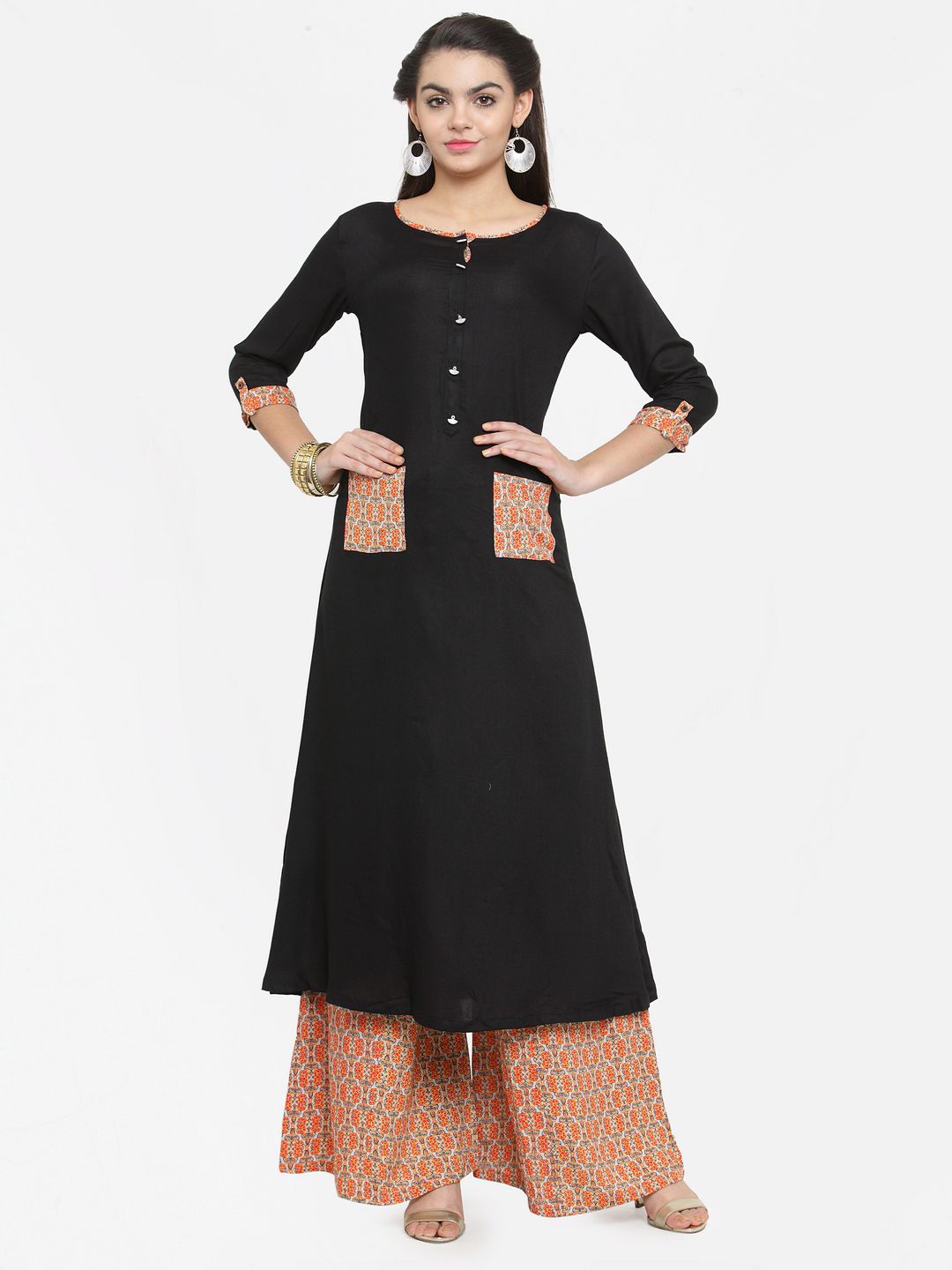Kyaara Black & Orange Viscose Rayon Unstitched Dress Material Price in India