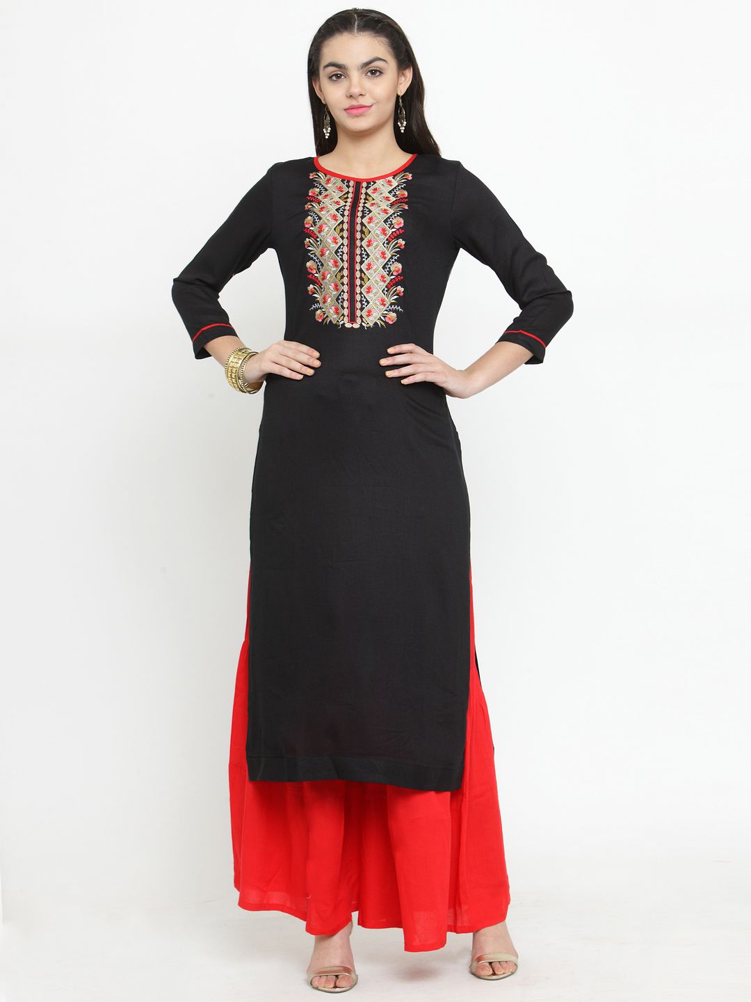 Kvsfab Black & Red Cotton Blend Unstitched Dress Material Price in India