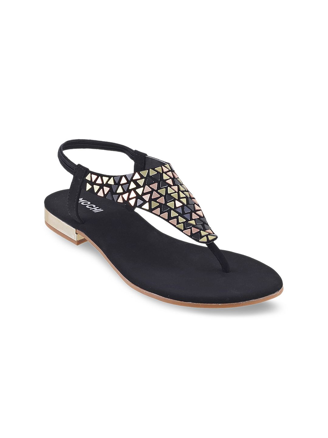 Mochi Women Black Solid Synthetic T-Strap Flats Price in India