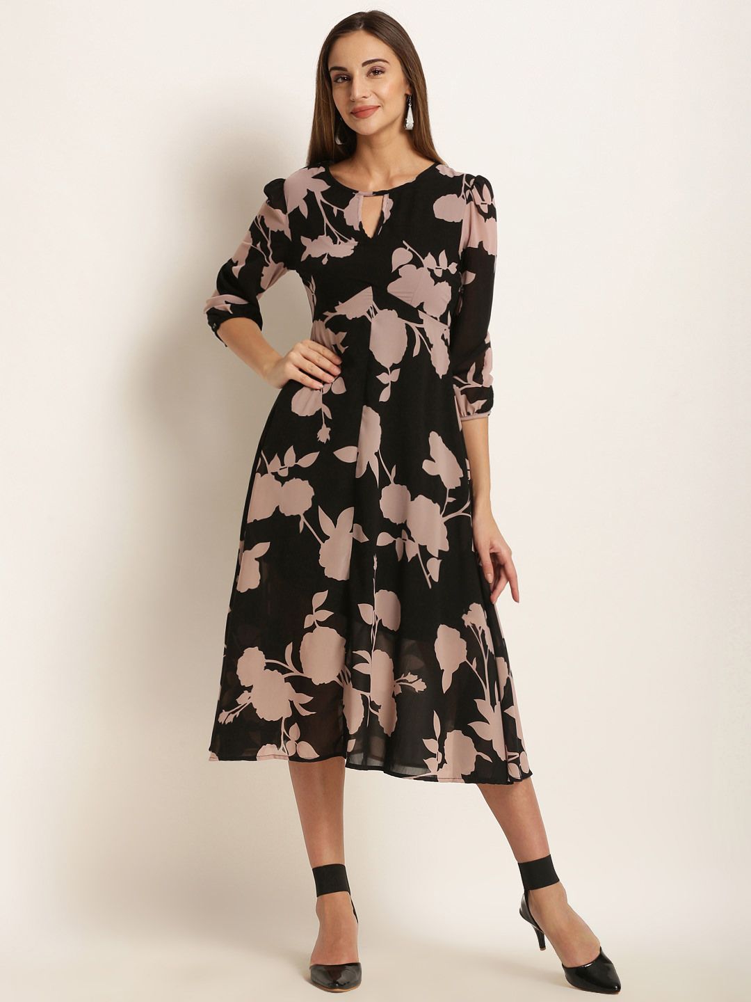 Harpa Women Black Floral Print Fit and Flare Dress