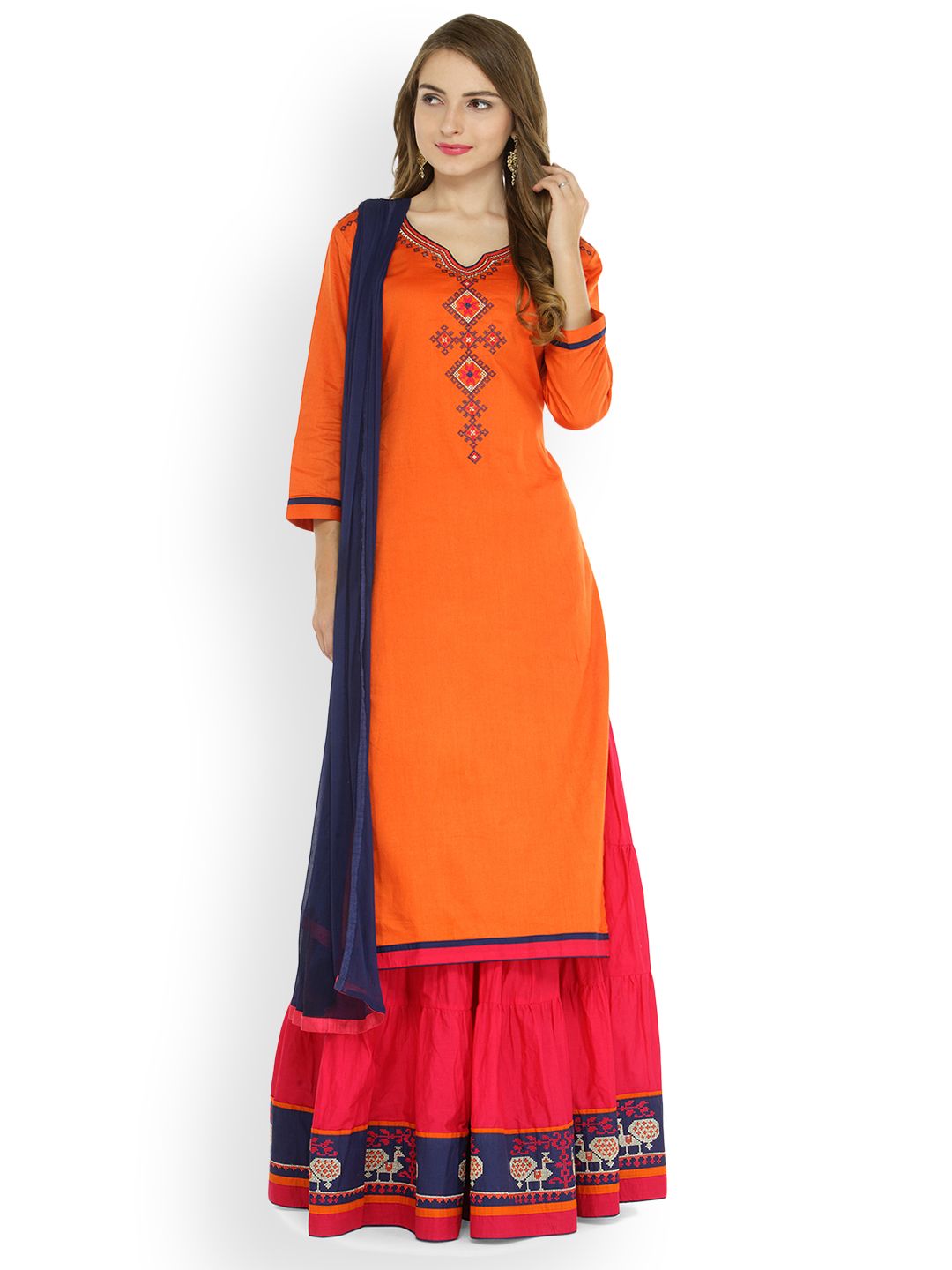 Kvsfab Orange & Blue Cotton Blend Semi-Stitched Dress Material Price in India