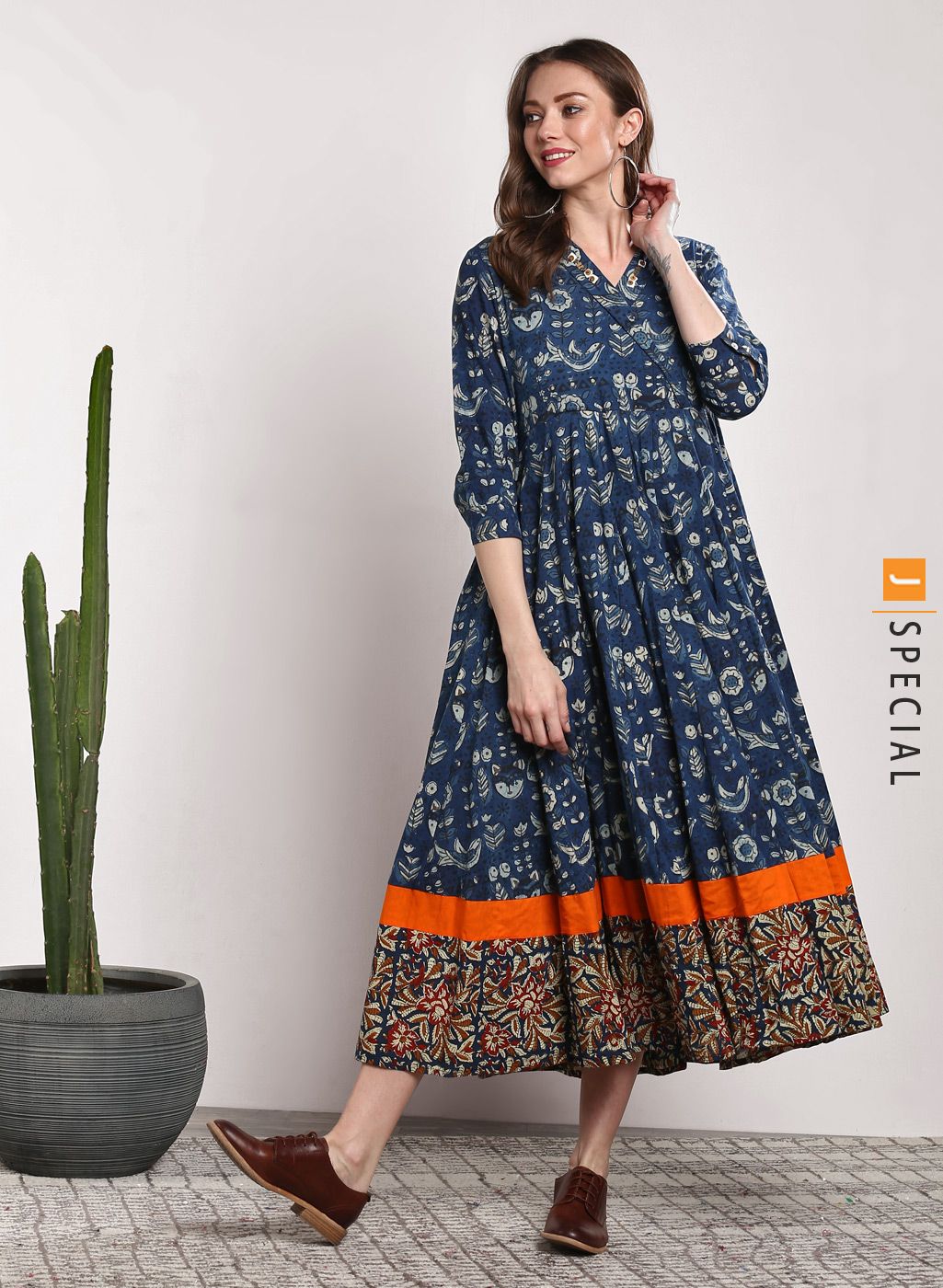 Sangria Indigo Lapel Collar Circular Anarkali With 3/4th Sleeves
