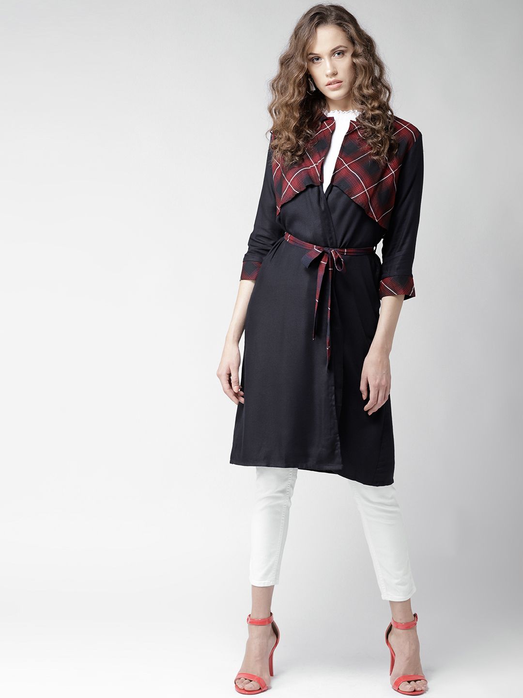 Style Quotient by Noi Navy Blue & Red Solid Layered Open Front Longline Shrug Price in India