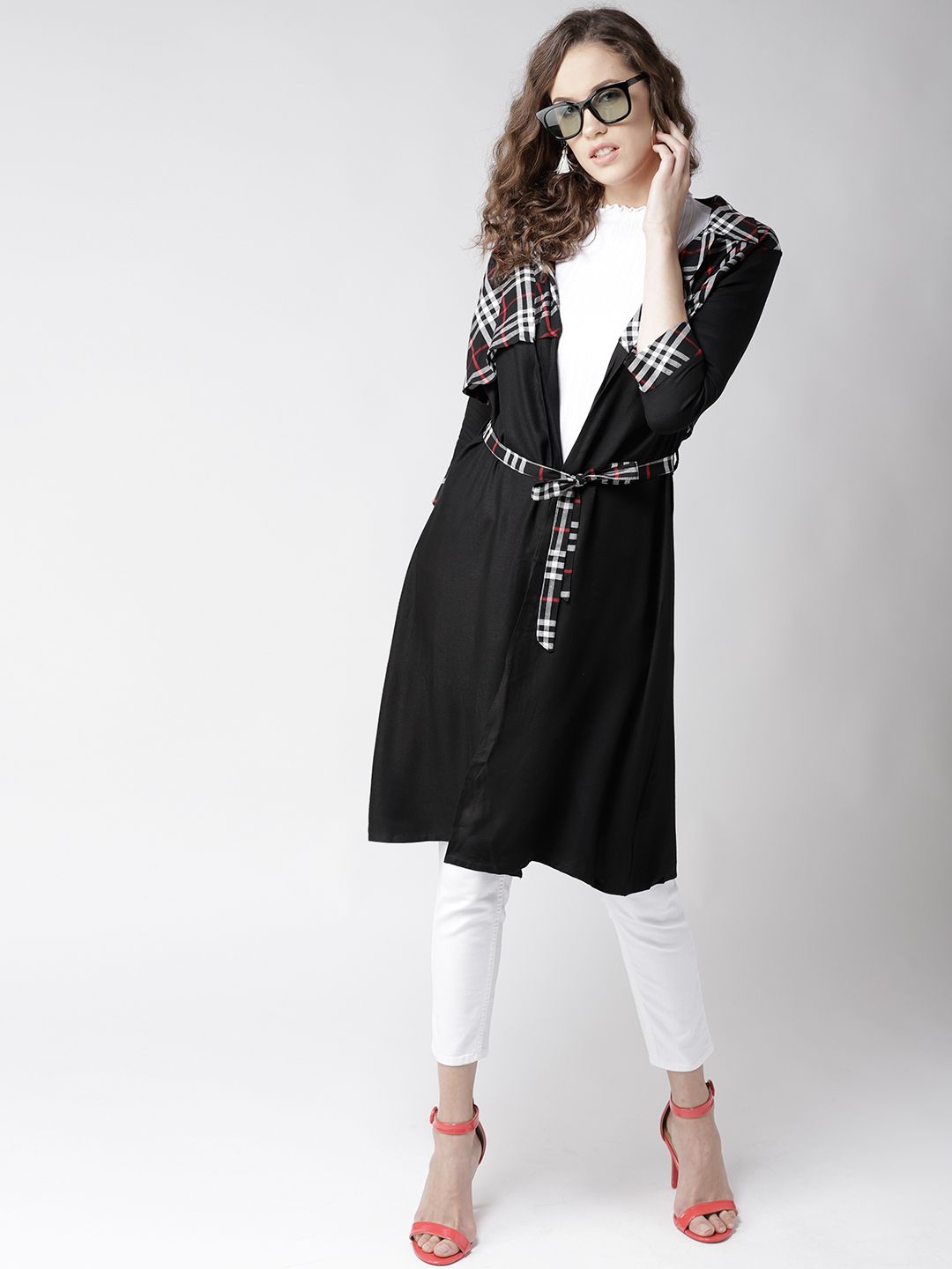 Style Quotient by Noi Black & White Solid Layered Open Front Longline Shrug Price in India