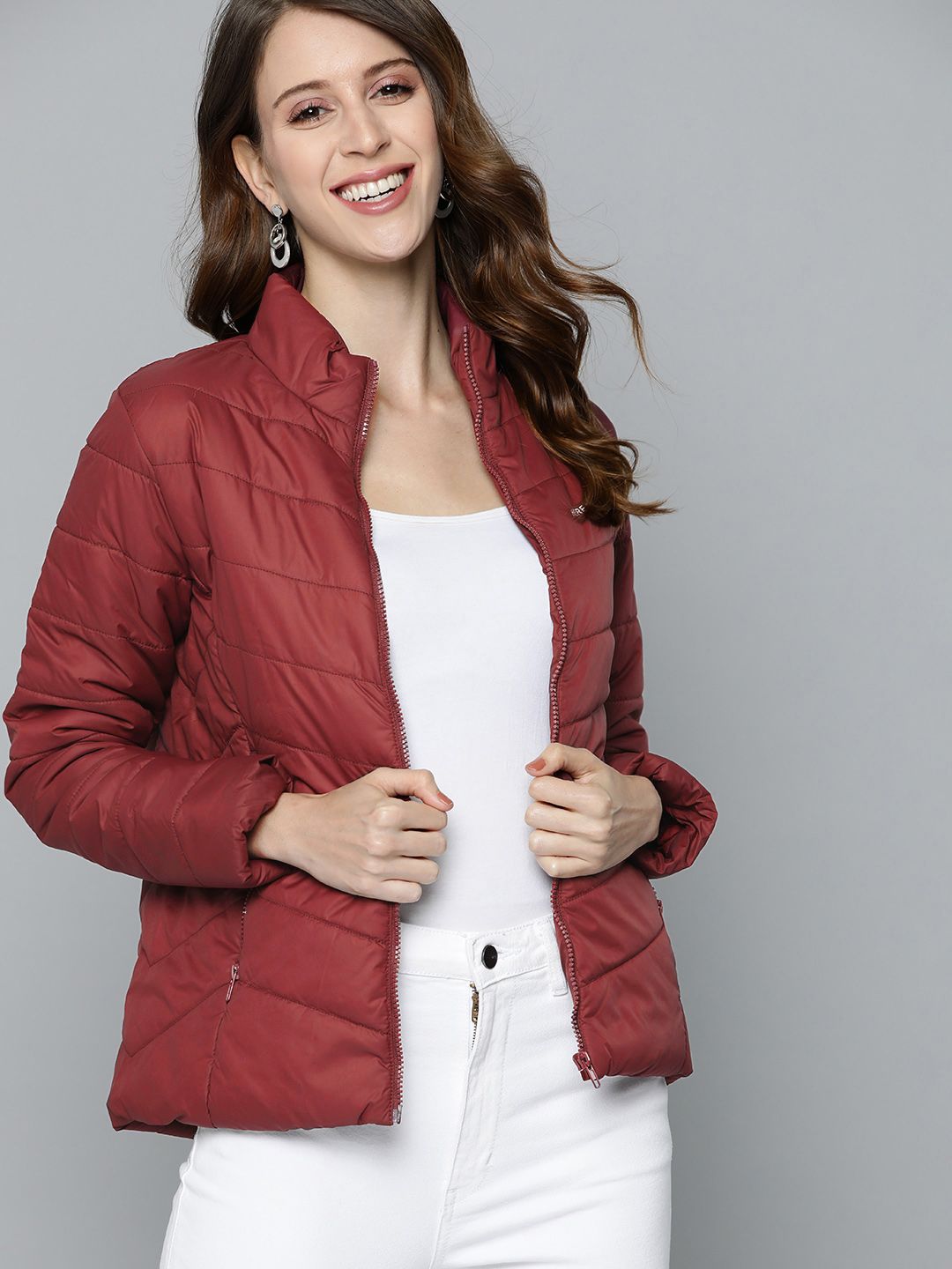 HERE&NOW Women Maroon Padded Jacket Price in India