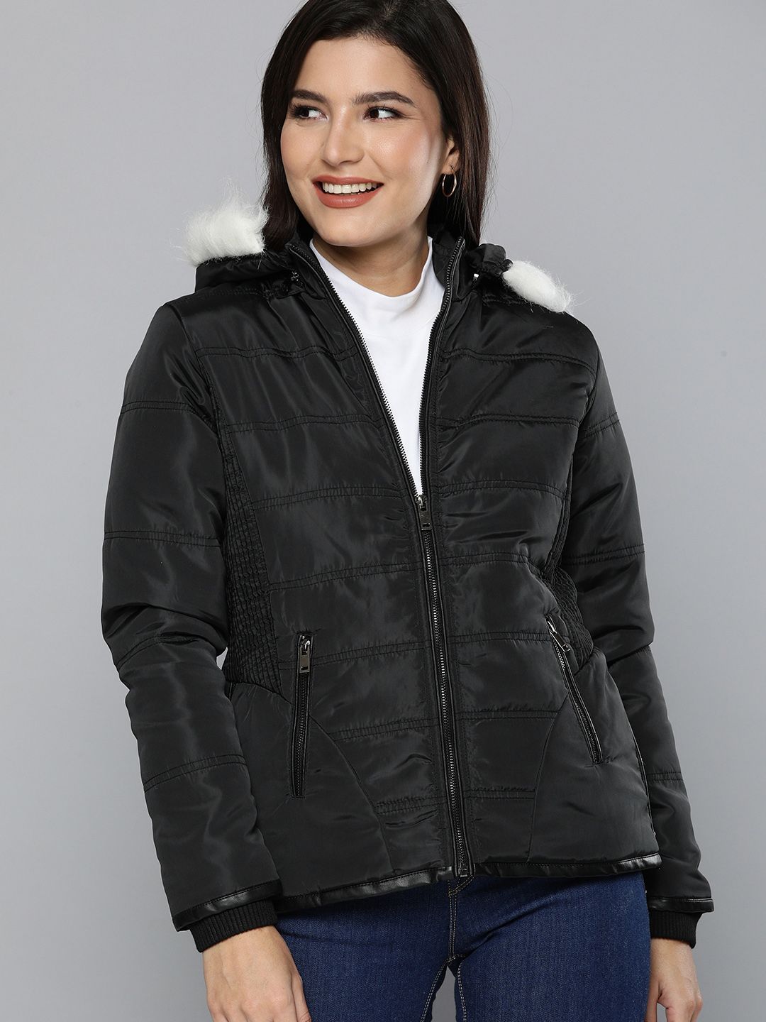 HERE&NOW Women Black Hooded Parka Jacket Price in India