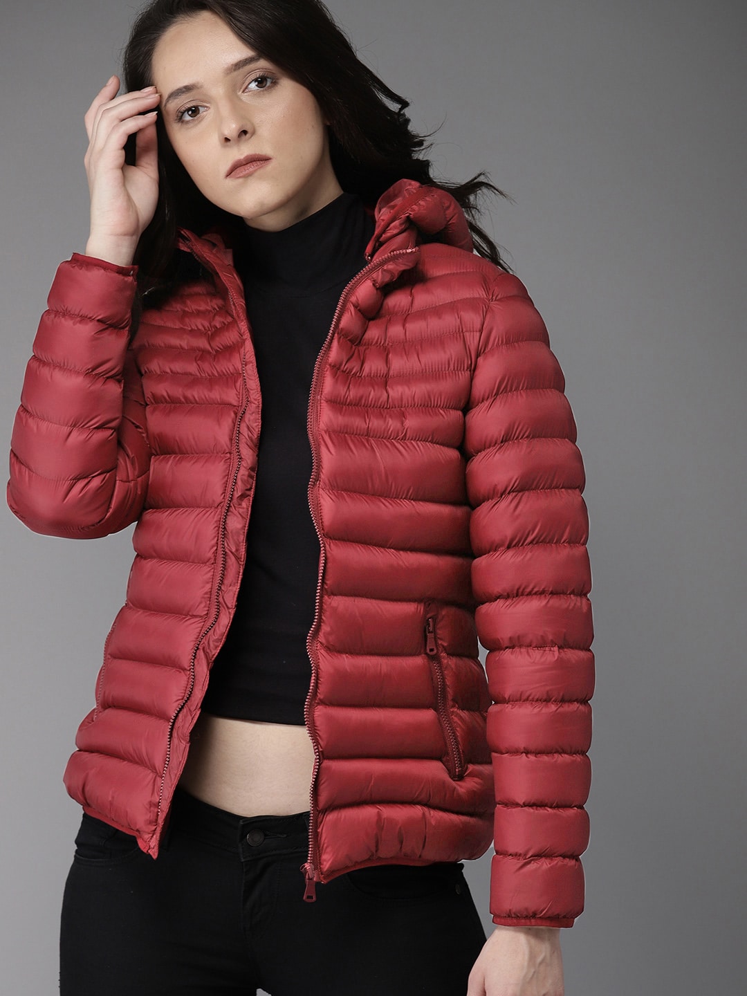 HERE&NOW Women Maroon Solid Padded Jacket Price in India