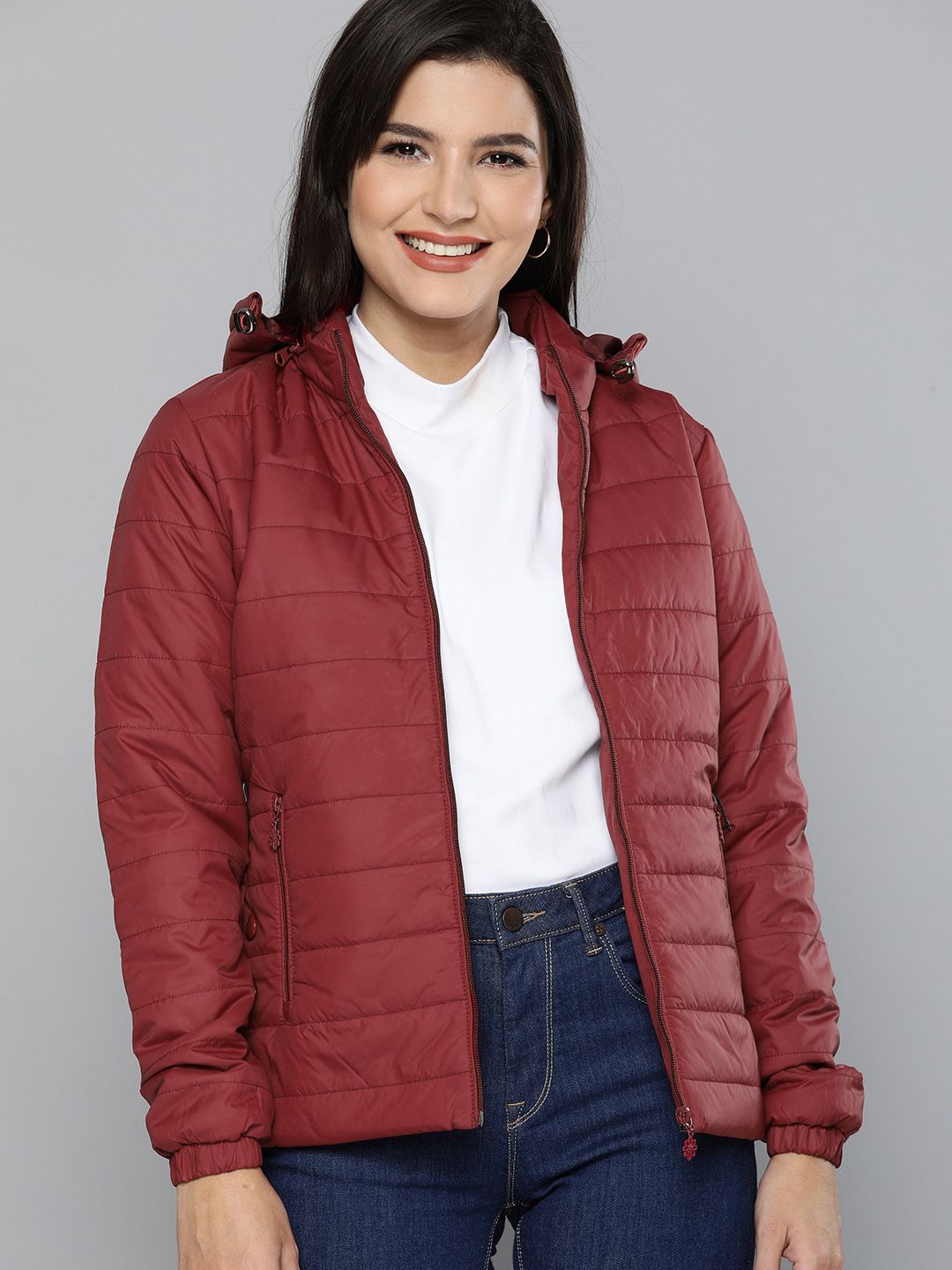 HERE&NOW Women Maroon Hooded Padded Jacket Price in India