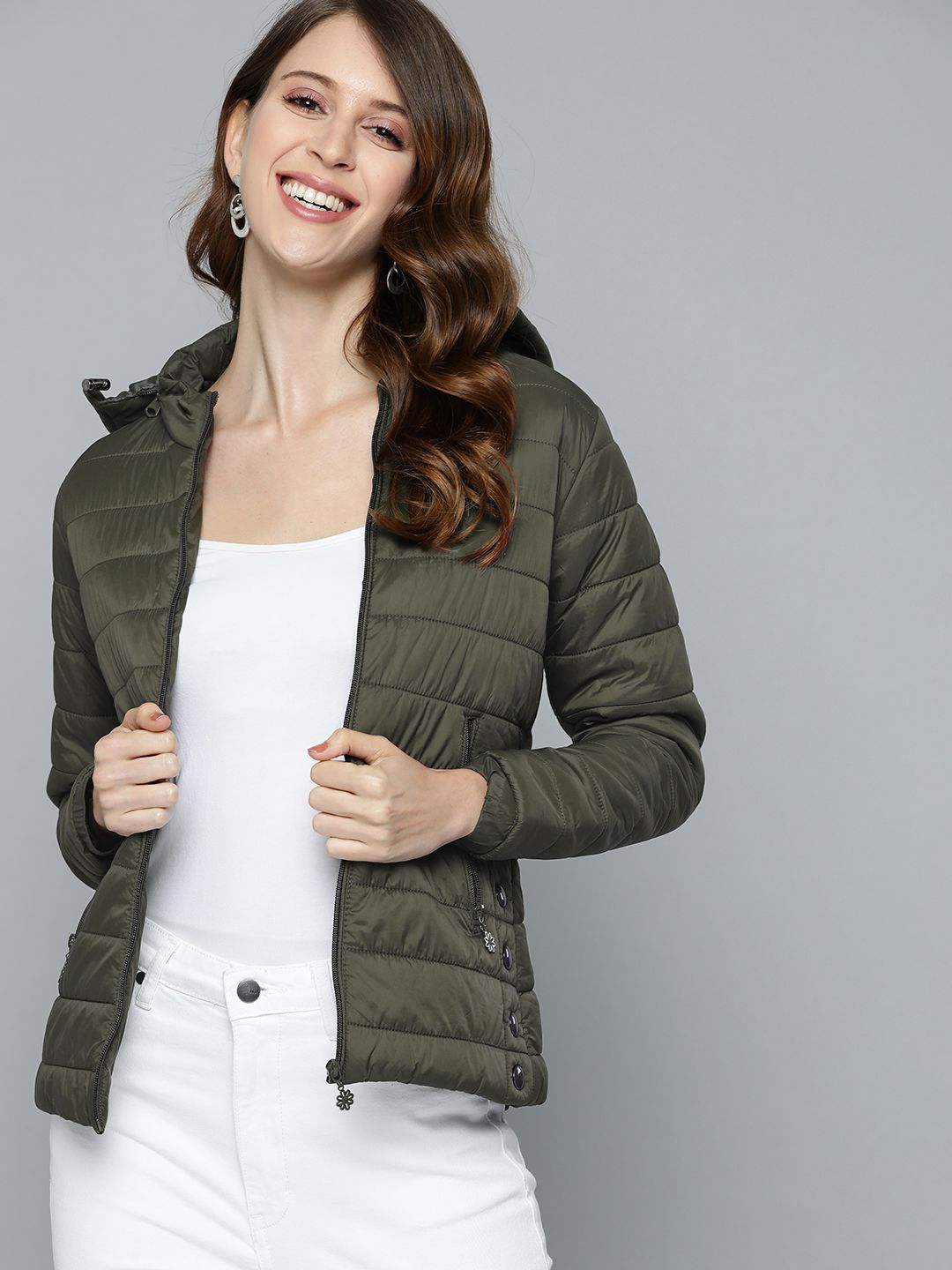 HERE&NOW Women Olive Green Hooded Padded Jacket Price in India