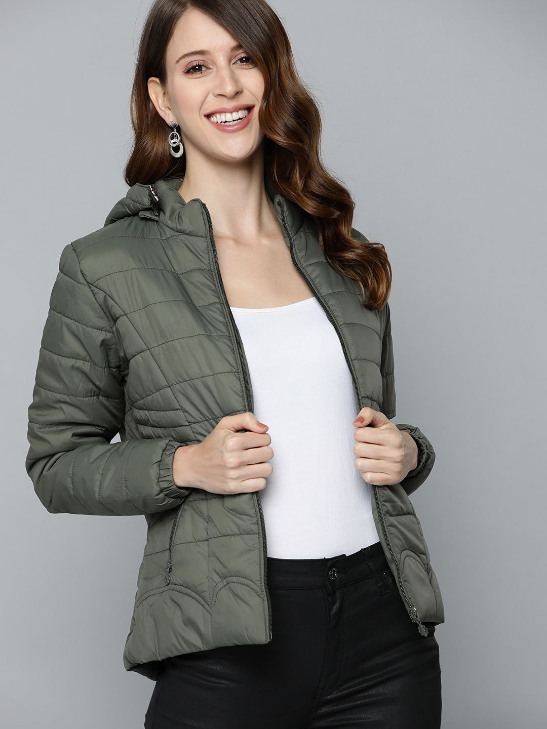 HERE&NOW Women Olive Green Solid Padded Jacket Price in India