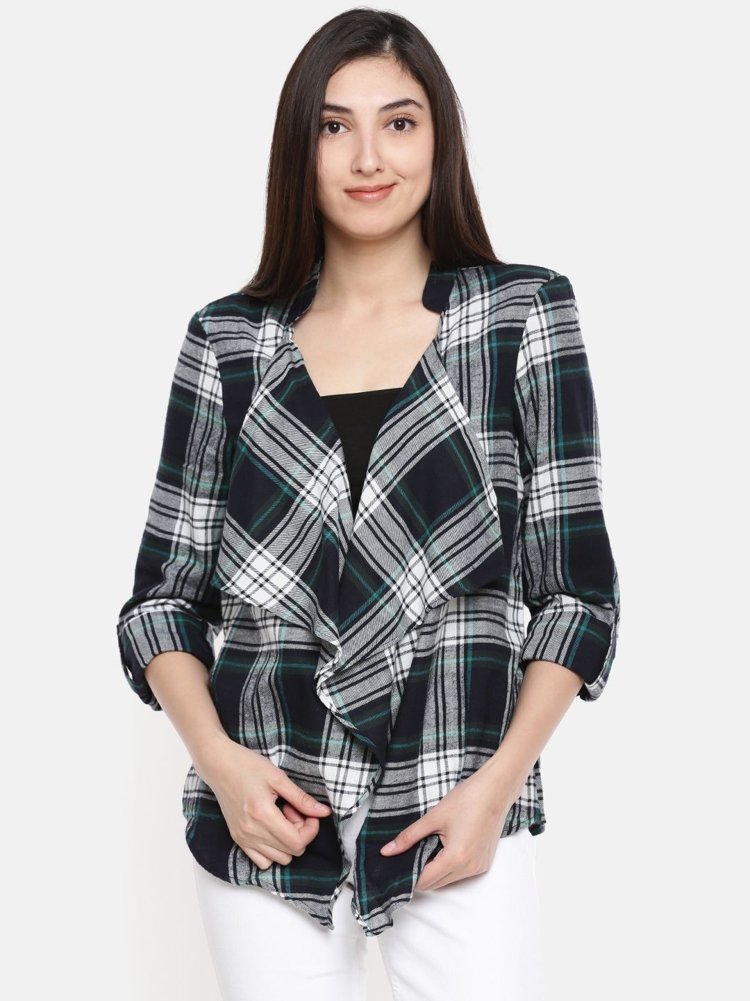 Vero Moda Women Navy & Green Checked Shrug Price in India