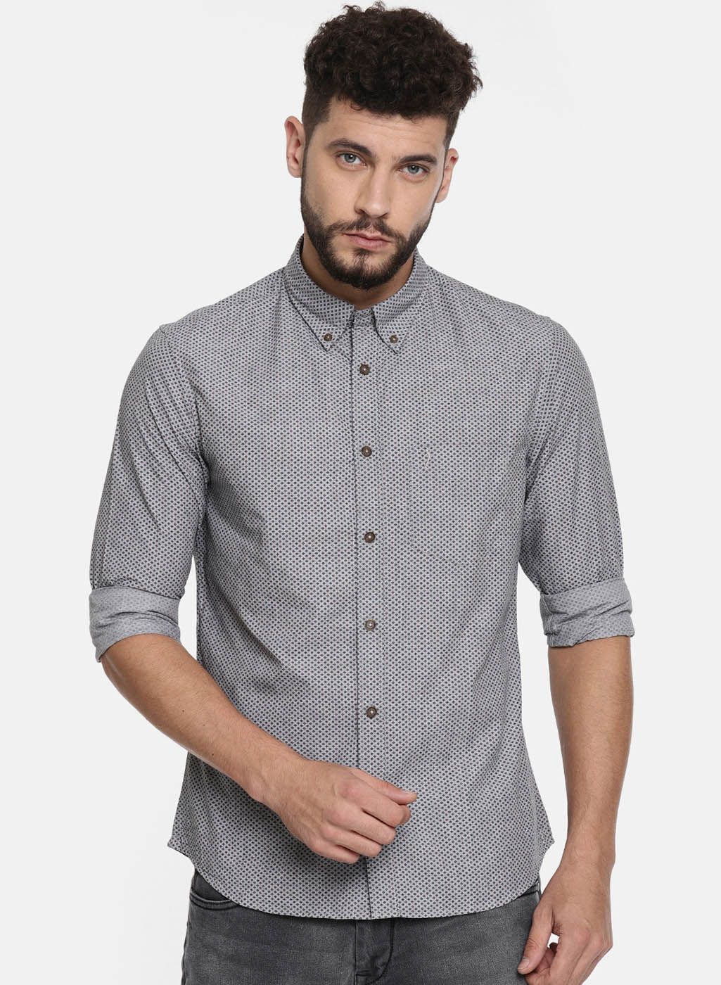 Indian Terrain Grey Slim Fit Printed Casual Shirt