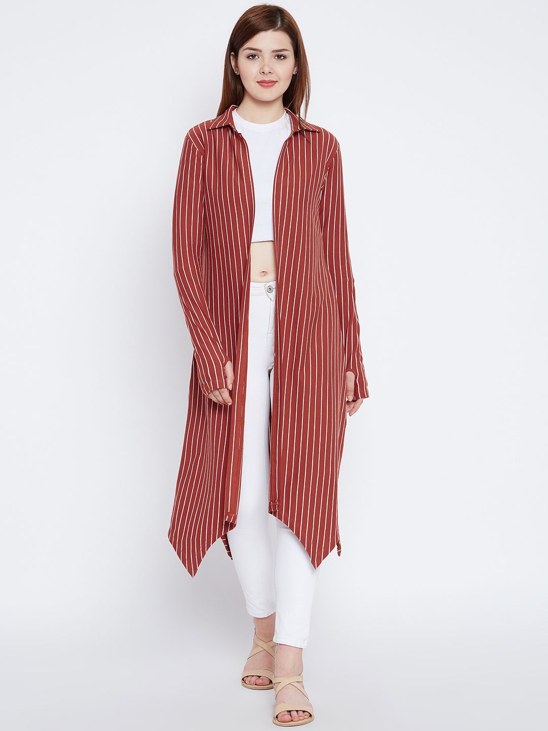 Hypernation Rust Red & White Striped Open Front Longline Shrug Price in India