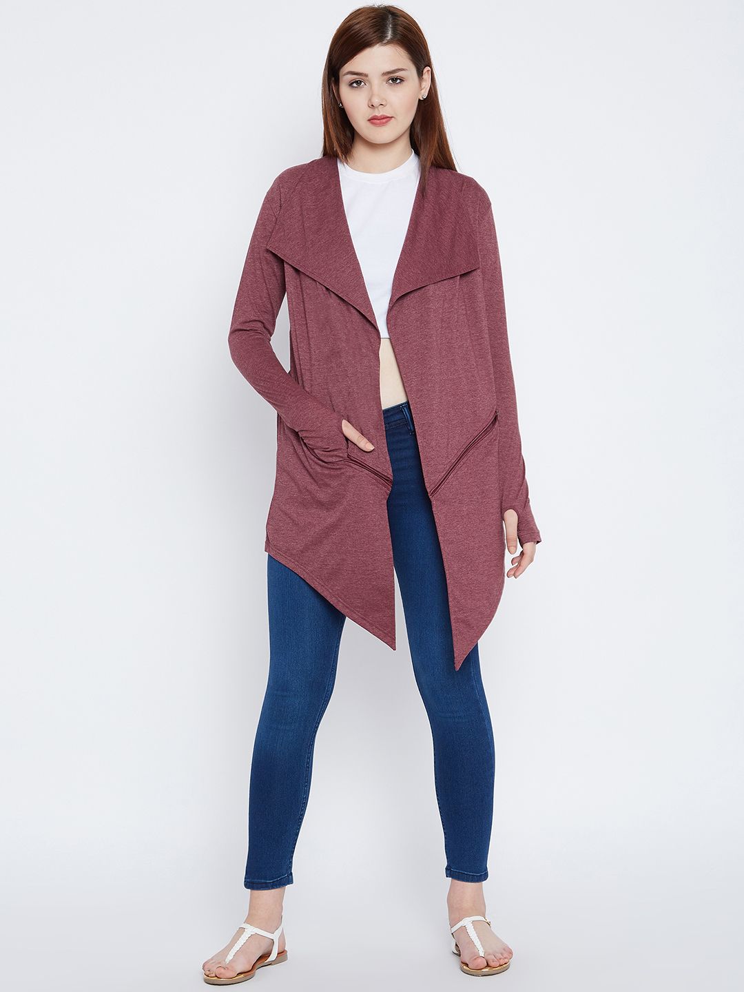 Hypernation Mauve Solid Open Front Shrug Price in India
