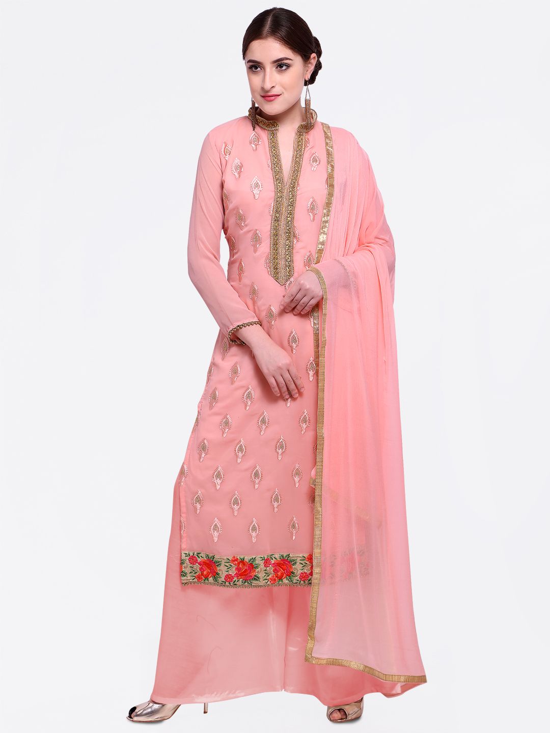 Blissta Peach-Coloured Poly Georgette Unstitched Dress Material Price in India