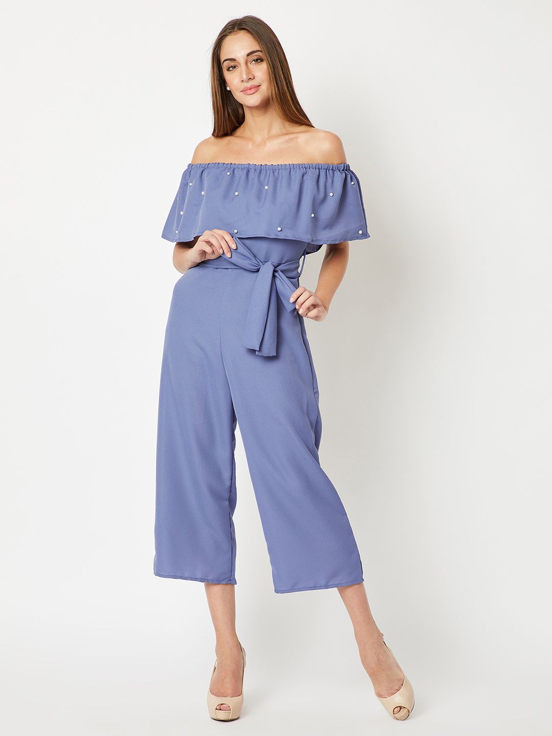 Miss Chase Blue Solid Culotte Off-Shoulder Jumpsuit Price in India