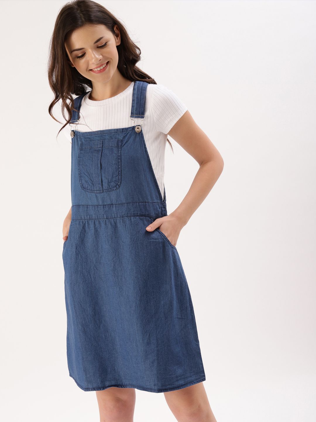 DressBerry Women Blue Solid Chambray Pinafore Dress Price in India