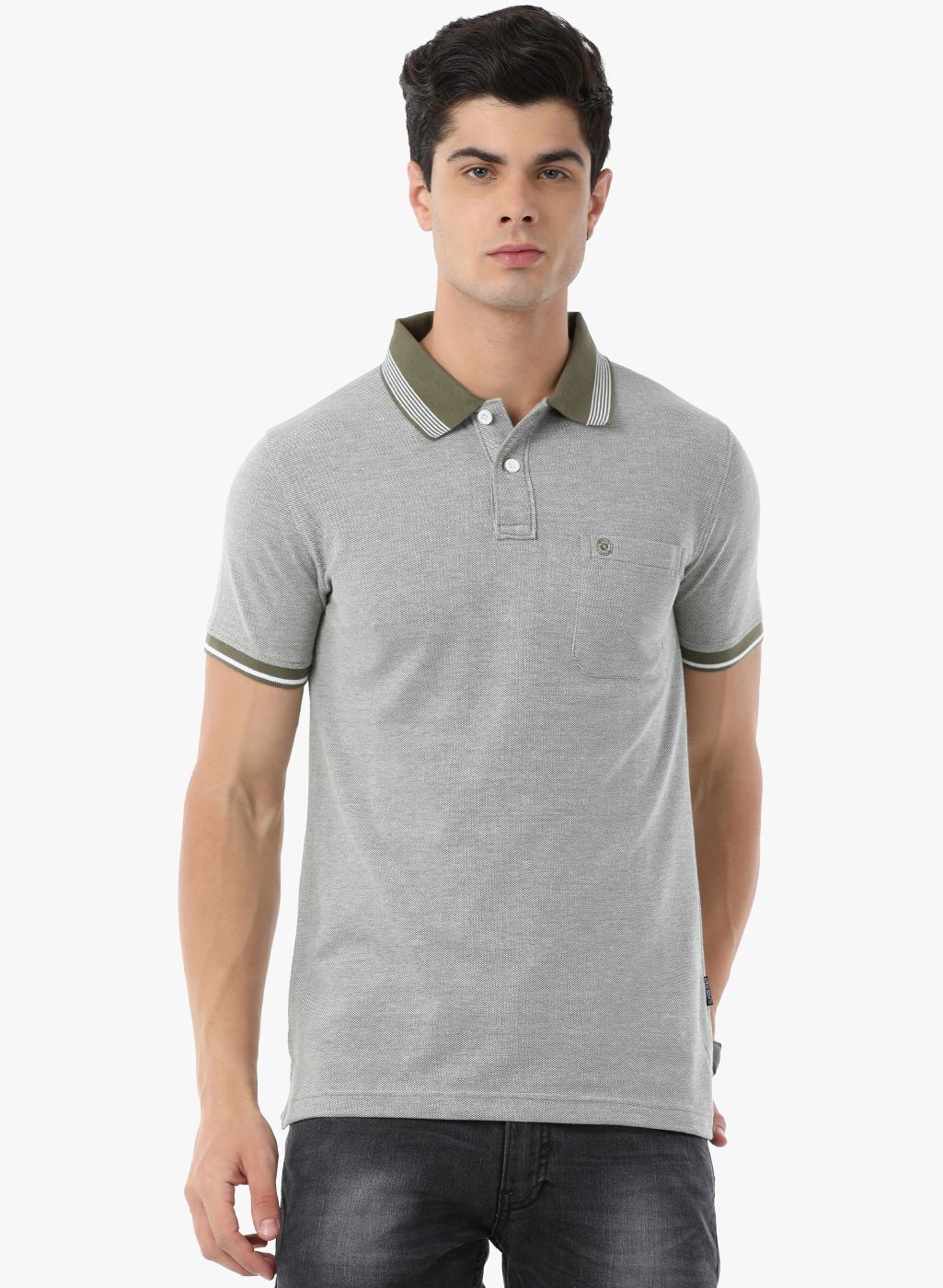 Classic Polo Grey Self Design Slim Fit Polo T-shirt