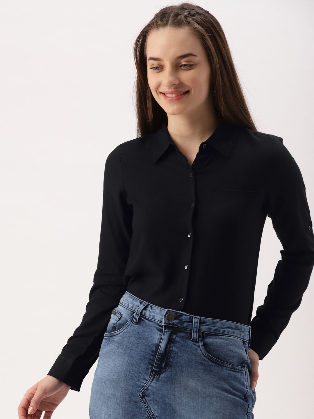 DressBerry Women Navy Blue Regular Fit Solid Casual Shirt