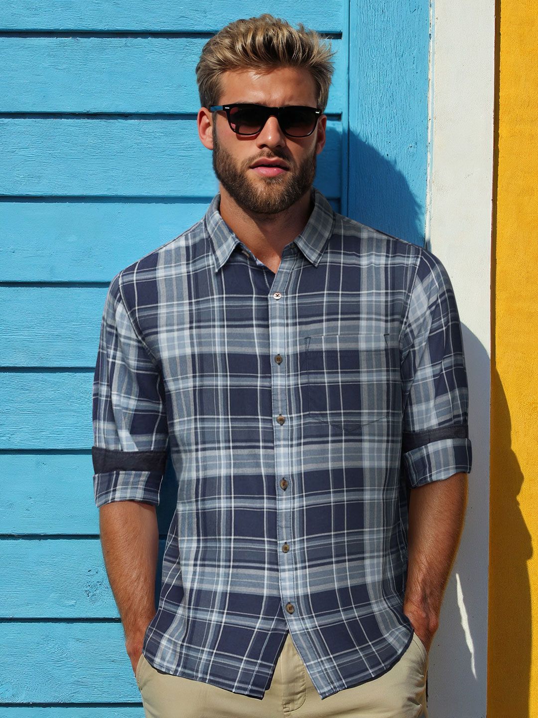 WROGN Men Blue & Grey Checked Casual Shirt