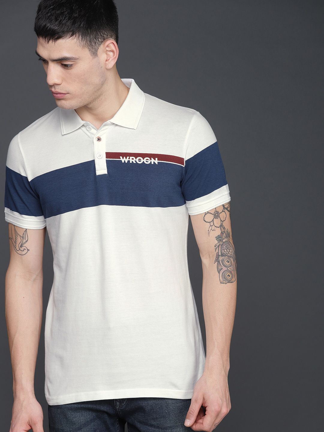 WROGN Men White & Blue Colourblocked Polo Collar T-shirt