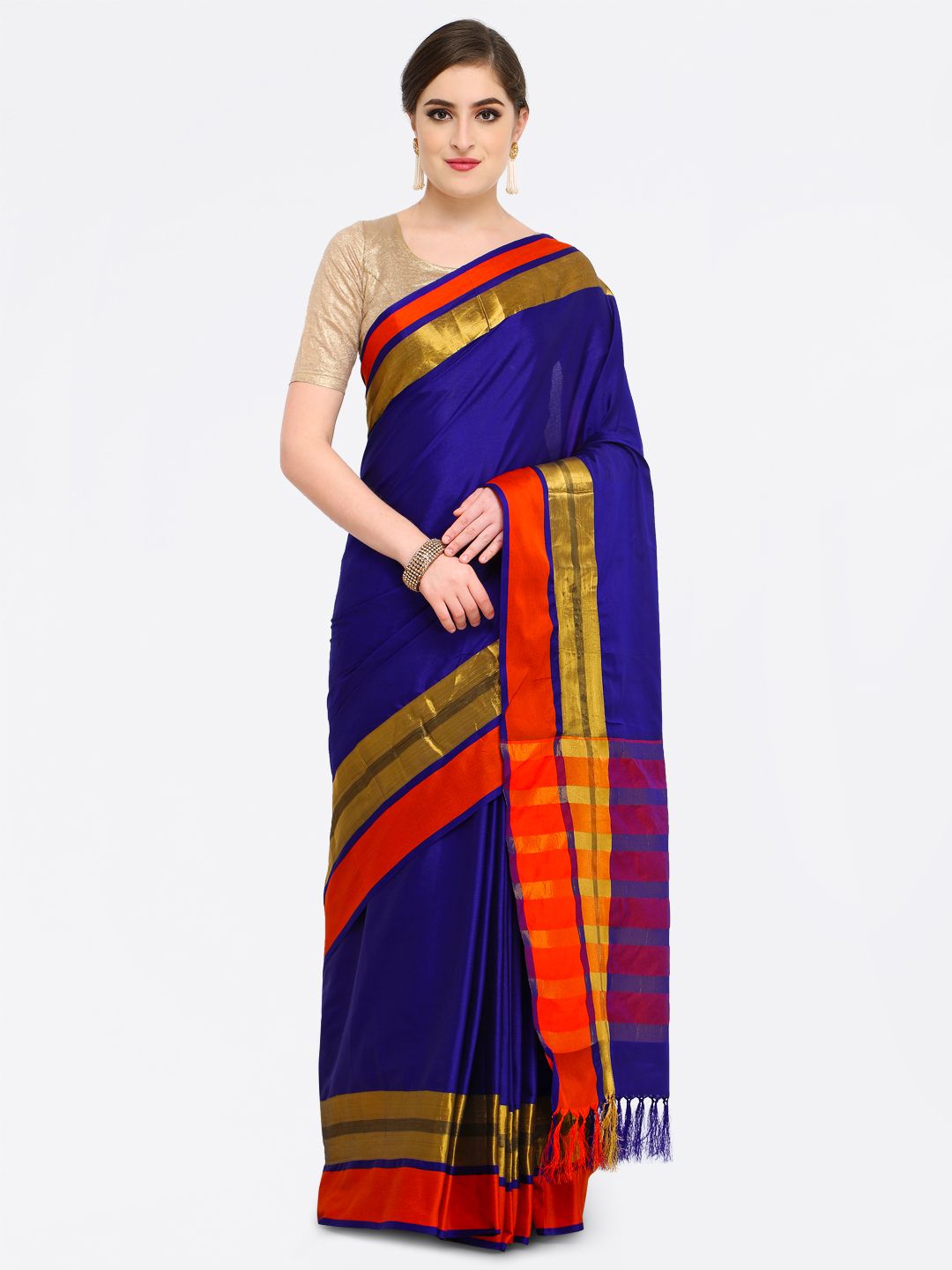 Saree mall Blue & Red Silk Cotton Colourblocked Kanjeevaram Saree Price in India