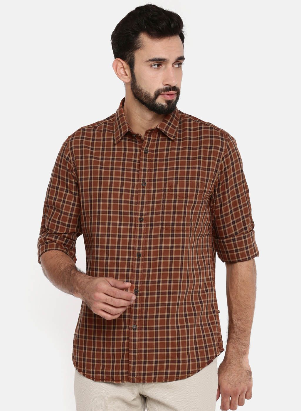 Indian Terrain Brown Checked Slim Fit Casual Shirt