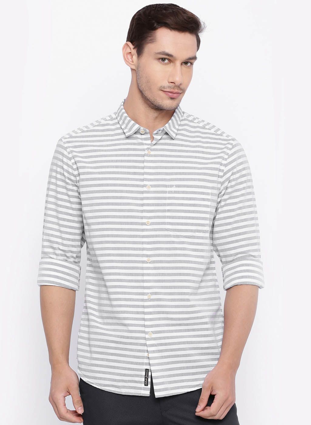 Indian Terrain Grey Striped Slim Fit Casual Shirt