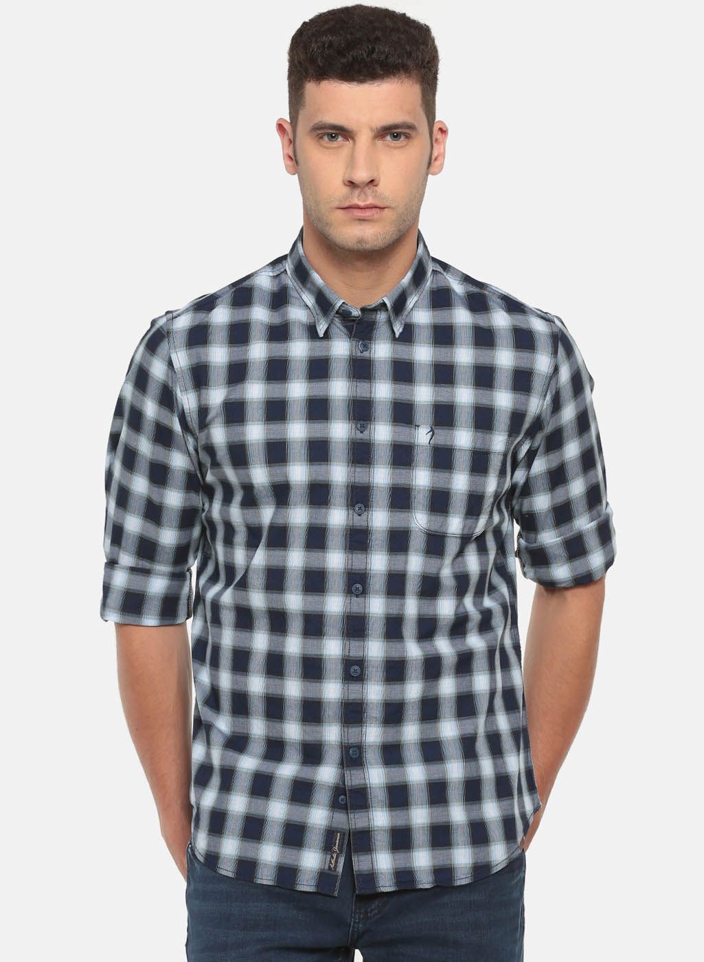 Indian Terrain Blue Checked Slim Fit Casual Shirt