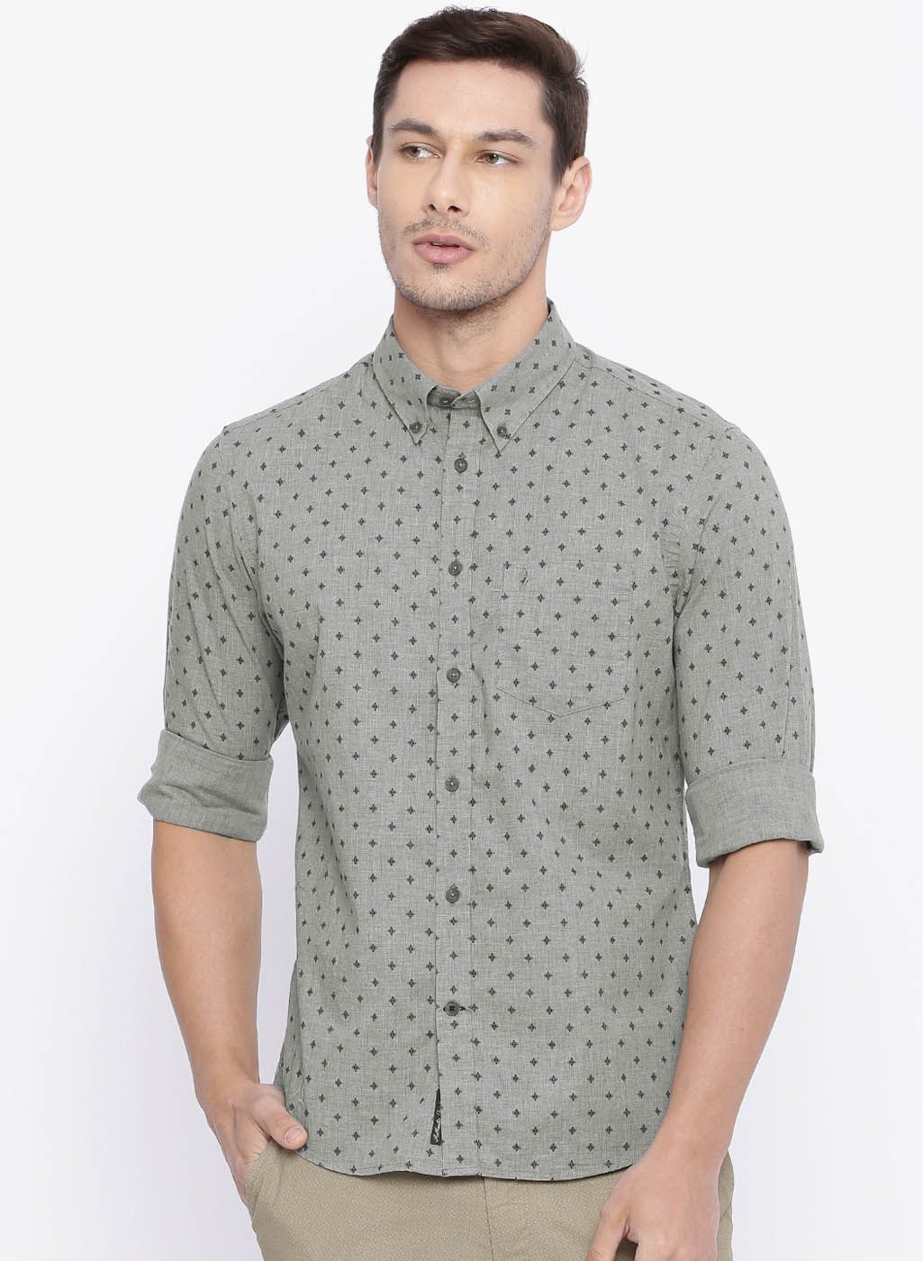 Indian Terrain Grey Printed Slim Fit Casual Shirt