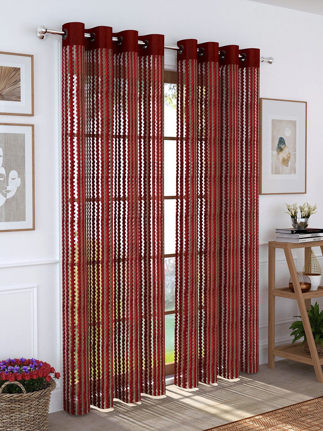 Story@home Red Set of 2 Sheer Semi 200GSM Door Curtains Price in India