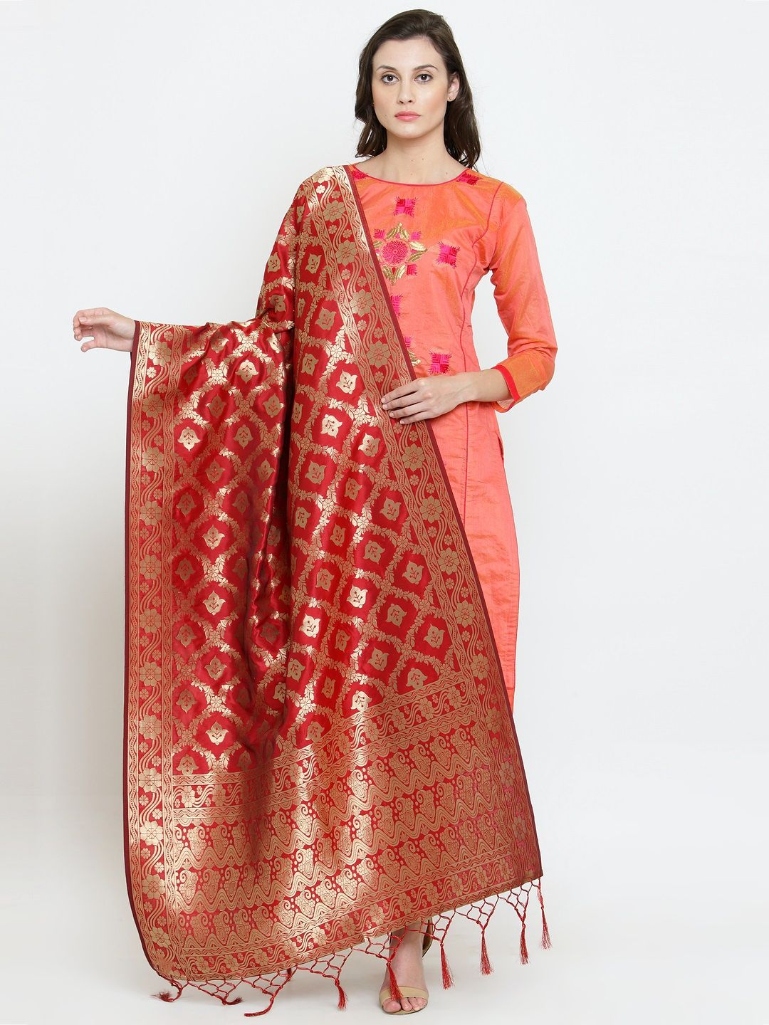 Sugathari Red & Gold-Toned Woven Design Banarasi Dupatta Price in India