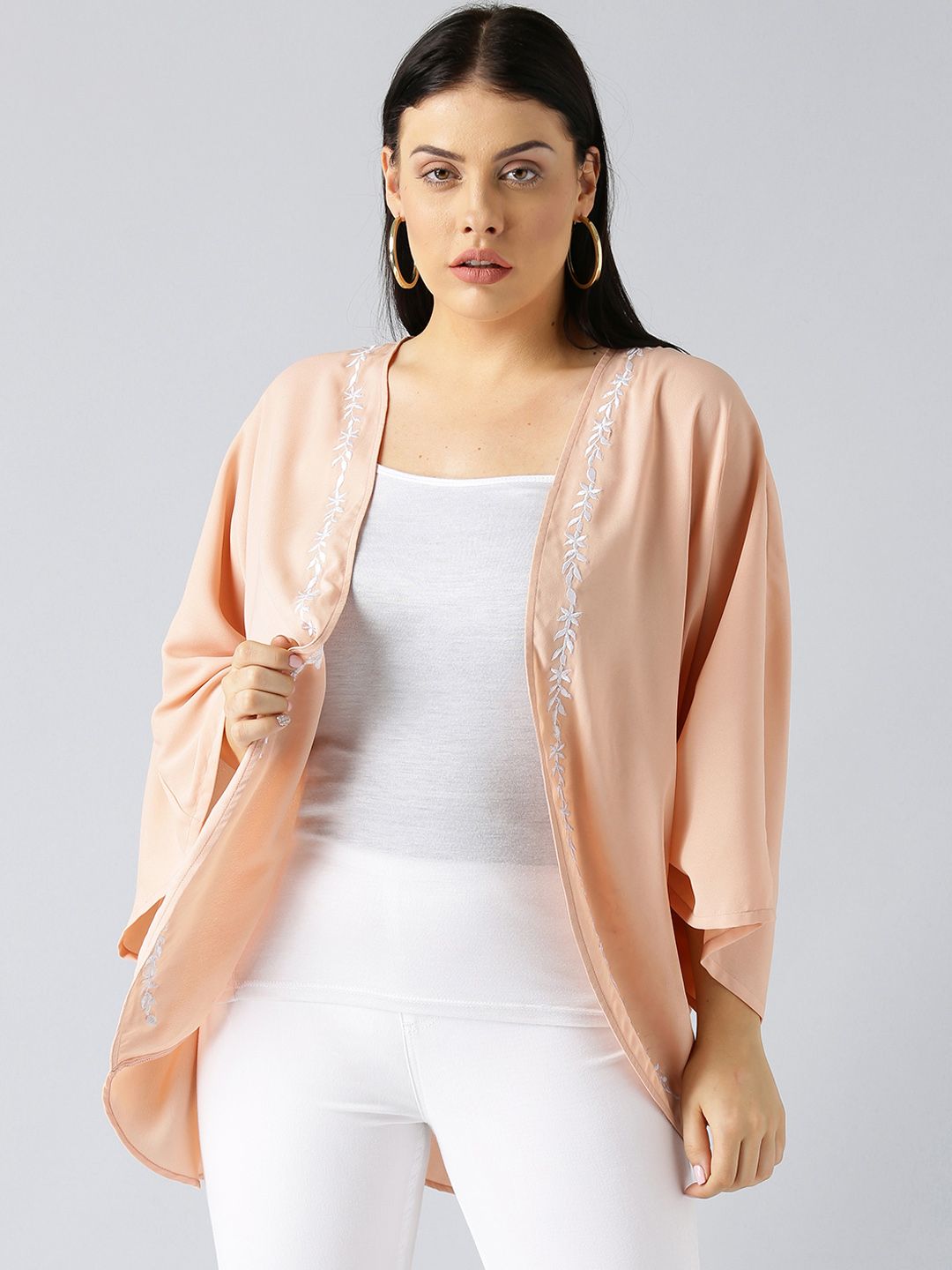 Besiva Peach-Coloured Solid Open Front Shrug Price in India