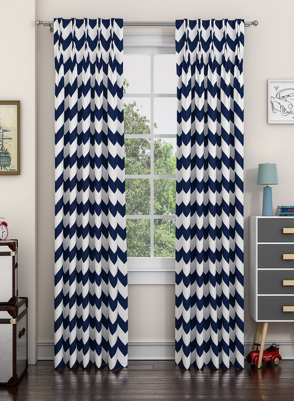 Buy Curtain Label White Navy Blue Set Of 2 Geometric Door