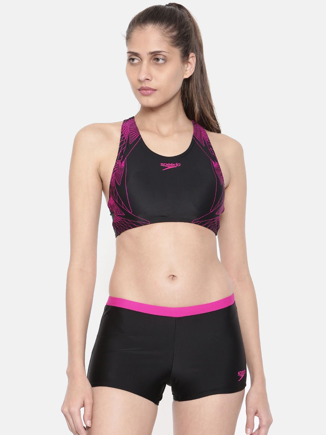 Speedo Women Black & Pink Printed Swim Set 8FS370B344 Price in India