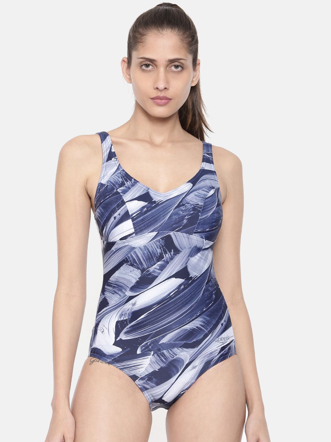 Speedo Women Navy Blue & Grey Printed Bodysuit 811397C234 Price in India