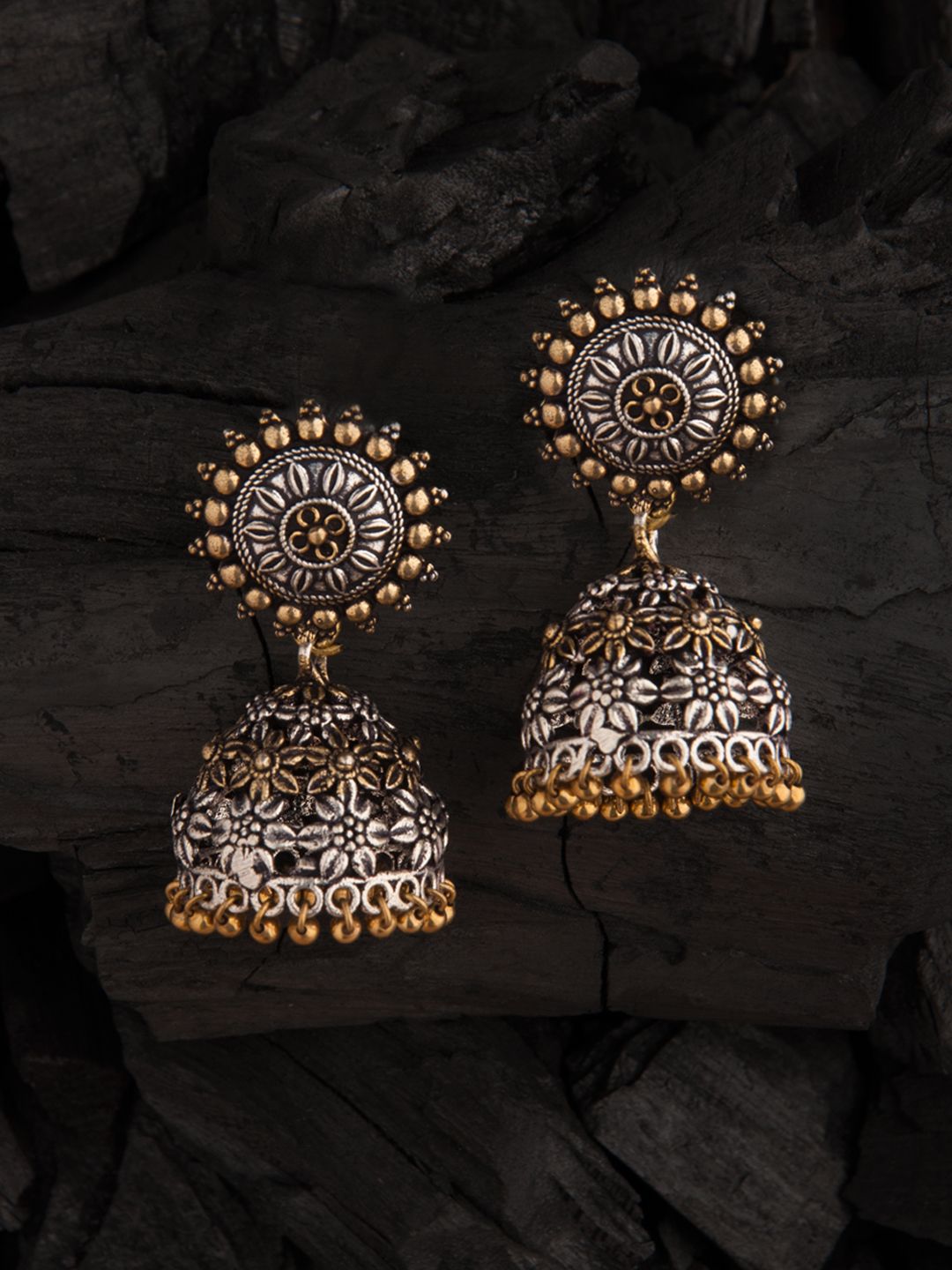 Rubans Silver-Toned & Gold-Toned Classic Jhumkas Price in India
