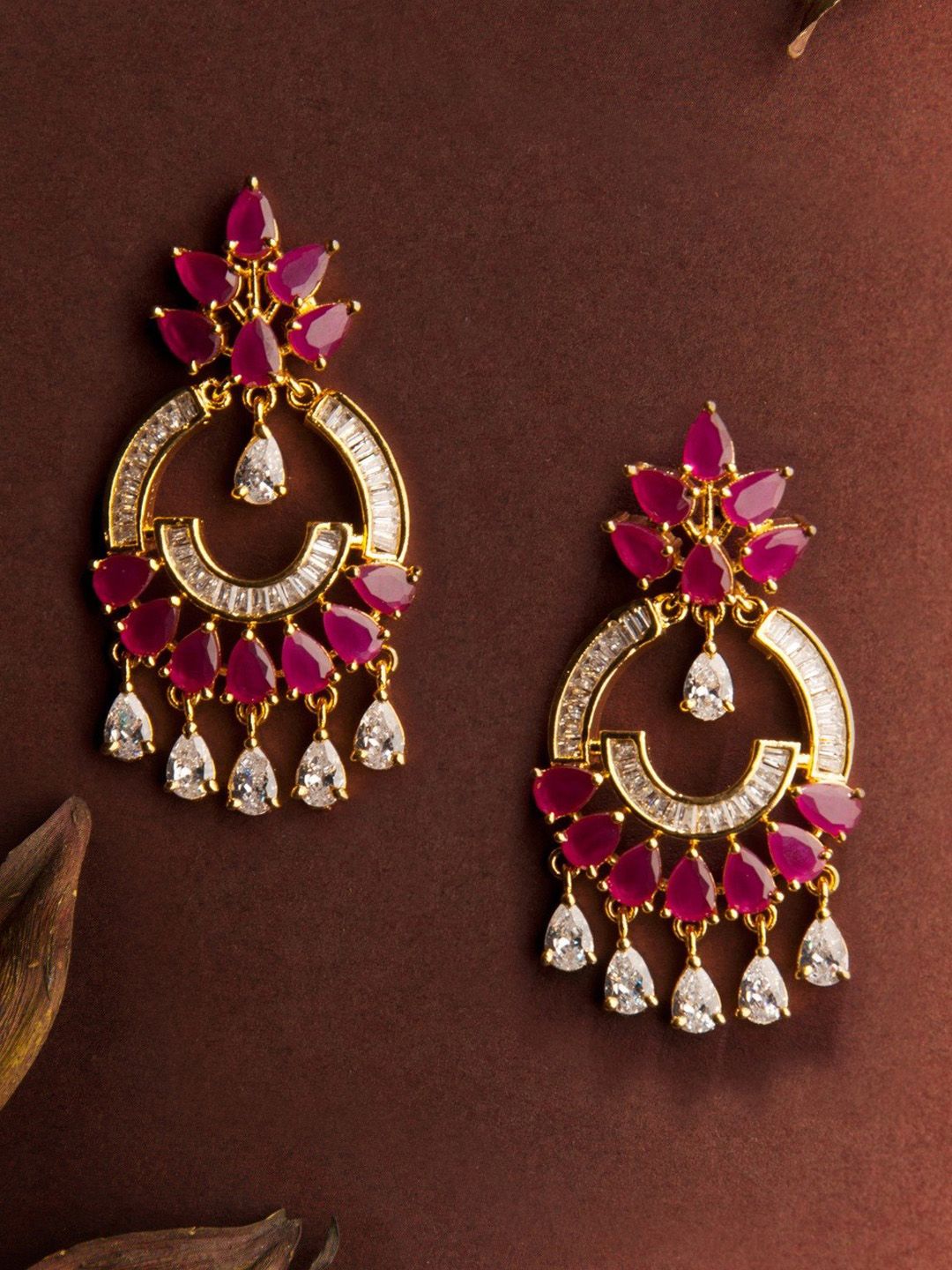 Rubans Gold-Toned & Pink Gold-Plated Floral Drop Earrings Price in India