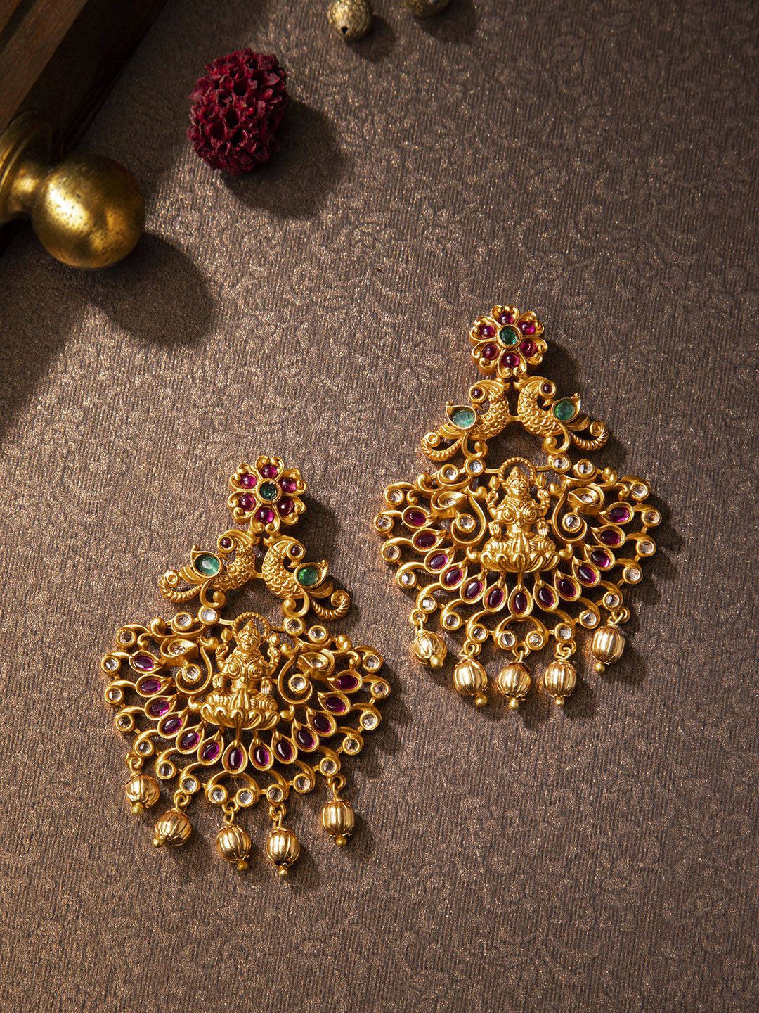 Rubans Gold-Toned & Green Gold-Plated Crescent Shaped Drop Earrings Price in India