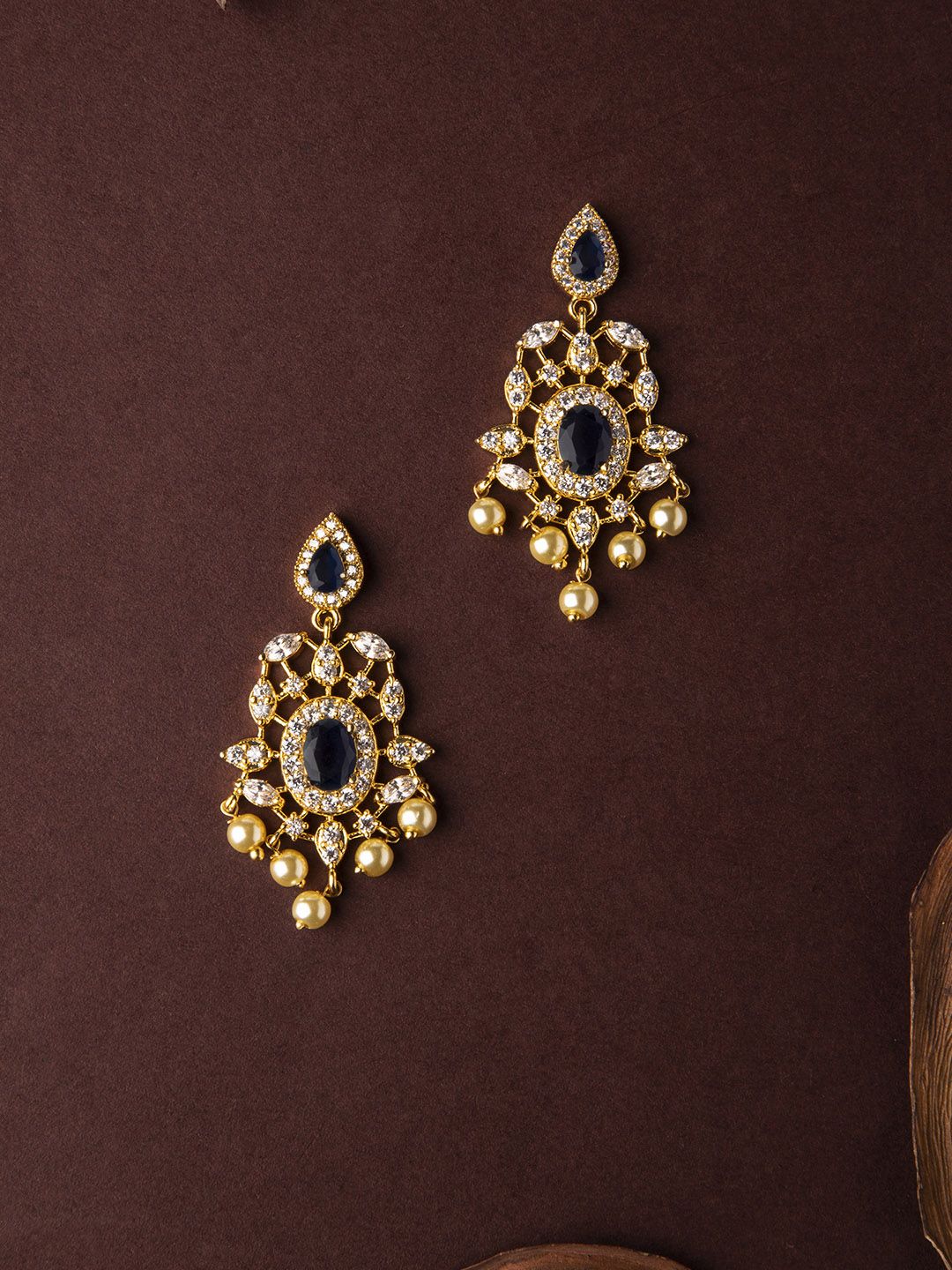 Rubans Gold-Toned & Blue Gold-Plated Drop Earrings Price in India